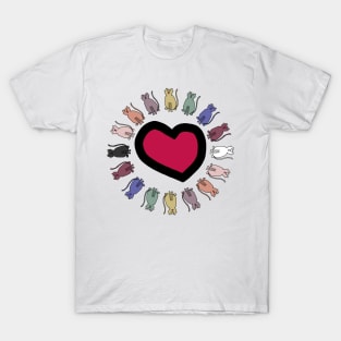 Circle of Balanced Rainbow Cats Around Valentine Heart T-Shirt